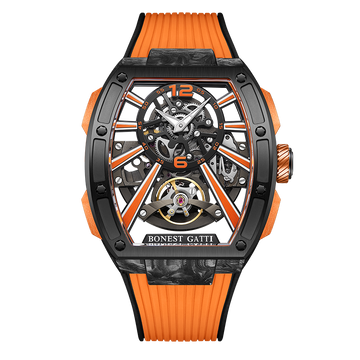 BONEST GATTI Carbon fiber + Aluminum alloy Case Barrel shaped Relief 3D Great Wall pattern Skeleton Movement Sapphire Crystal Watch BG9003 TIMEMASTER