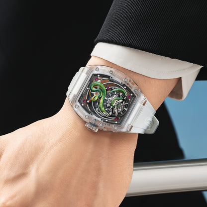 BONEST GATTI Transparent Tonneau Case 3D Snake Dial Skeleton Movement Fluororubber Strap Watch Luminous BG6004 TIMEMASTER
