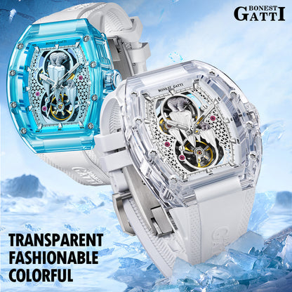 BONEST GATTI Crystal Case 3D Polar Bear Tonneau shaped Skeleton Movement K9 Crystal Case Fluororubber Strap Watch Luminous GB6002 TIMEMASTER