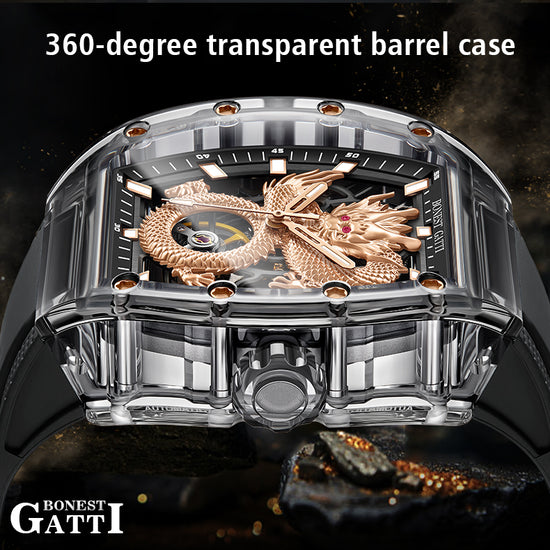 BONEST GATTI Transparent Case Dragon Barrel shaped Skeleton Movement Synthetic Sapphire Fluororubber Strap Watch Luminous GB9980 TIMEMASTER