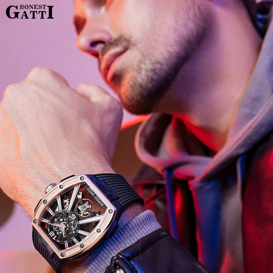 BONEST GATTI Carbon fiber+fine Steel Case Barrel shaped sapphire crystal watch Skeleton Movement Watch BG9950 TIMEMASTER