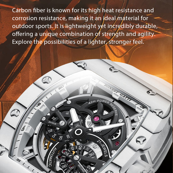 BONEST GATTI Carbon fiber + Aluminum alloy Case Barrel shaped Tonneau watch Skeleton Movement Sapphire Crystal Quick- Release Strap Watch BG9004 TIMEMASTER