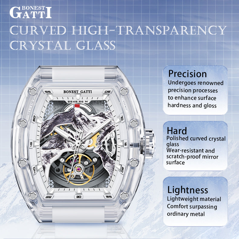 BONEST GATTI Crystal Case 3D MOUNTAIN MOUNTEVEREST Tonneau shaped Skeleton Movement K9 Crystal Case Fluororubber Strap Watch Luminous GB6001 TIMEMASTER