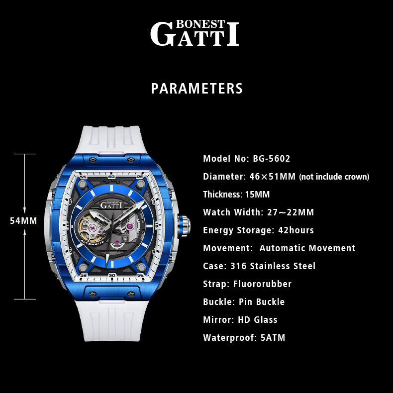 BONEST GATTI Barrel shaped Skeleton Movement Watch Luminous BG5602 TIMEMASTER