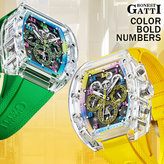 BONEST GATTI Barrel shaped Skeleton Movement K9 Crystal Case Fluororubber Strap Watch Luminous BG9920 TIMEMASTER