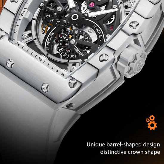BONEST GATTI Carbon fiber + Aluminum alloy Case Barrel shaped Tonneau watch Skeleton Movement Sapphire Crystal Quick- Release Strap Watch BG9004 TIMEMASTER