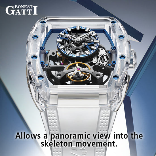BONEST GATTI Barrel shaped K9 Crystal case Skeleton Movement Fluororubber Strap Watch Luminous BG9960 TIMEMASTER
