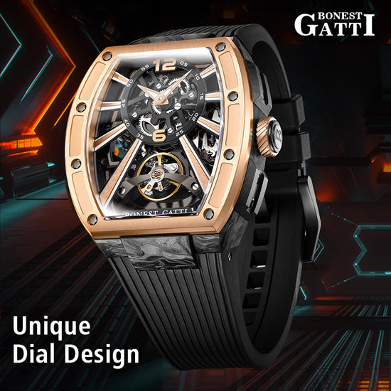 BONEST GATTI Carbon fiber+fine Steel Case Barrel shaped sapphire crystal watch Skeleton Movement Watch BG9950 TIMEMASTER