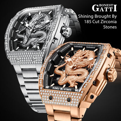 BONEST GATTI Barrel Dragon 185 Zircon Stones Bezel Stainless Steel Bracelet Men's Automatic Mechanical Watch Luminous BG5605L TIMEMASTER