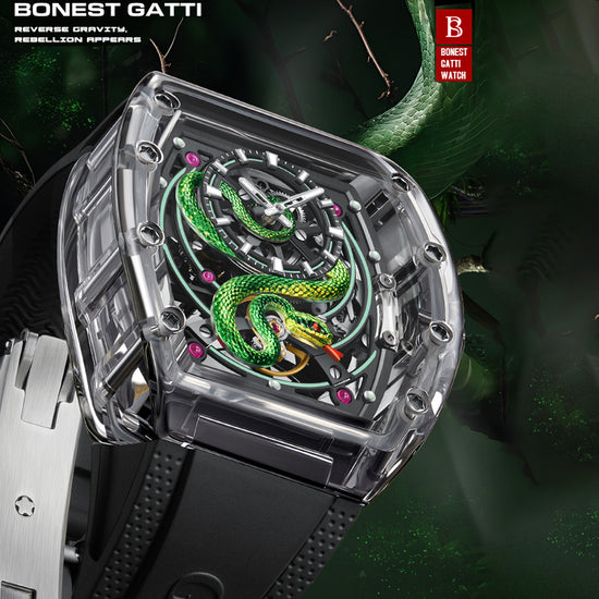 BONEST GATTI Transparent Tonneau Case 3D Snake Dial Skeleton Movement Fluororubber Strap Watch Luminous BG6004 TIMEMASTER