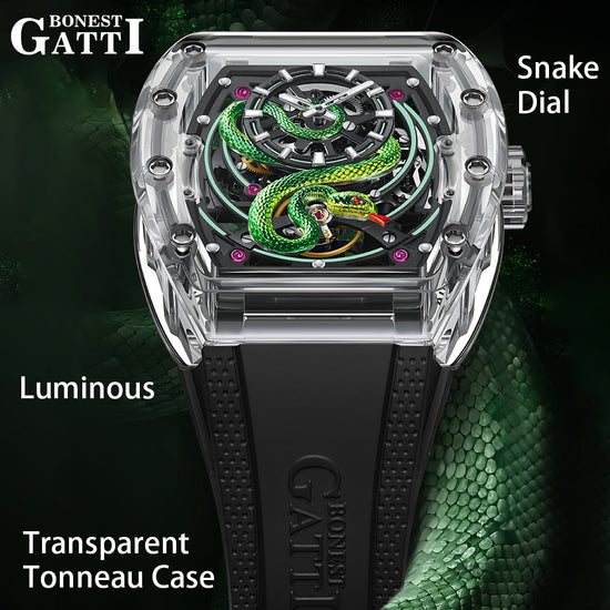 BONEST GATTI Transparent Tonneau Case 3D Snake Dial Skeleton Movement Fluororubber Strap Watch Luminous BG6004 TIMEMASTER