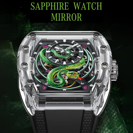 BONEST GATTI Transparent Tonneau Case 3D Snake Dial Skeleton Movement Fluororubber Strap Watch Luminous BG6004 TIMEMASTER