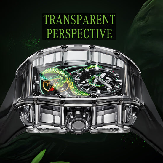 BONEST GATTI Transparent Tonneau Case 3D Snake Dial Skeleton Movement Fluororubber Strap Watch Luminous BG6004 TIMEMASTER