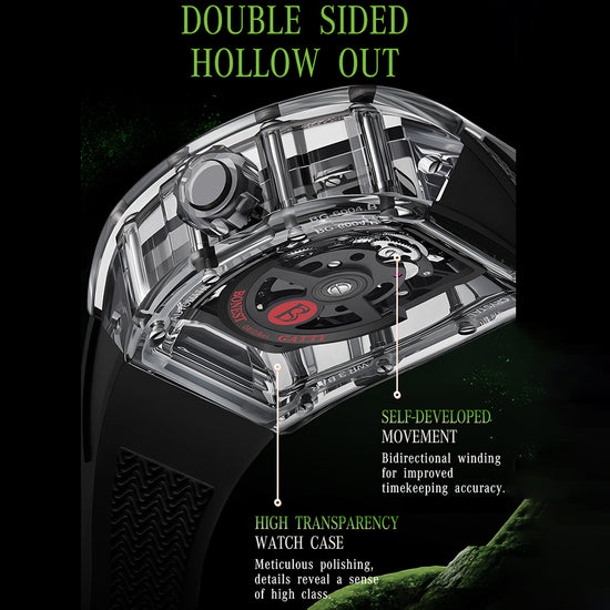 BONEST GATTI Transparent Tonneau Case 3D Snake Dial Skeleton Movement Fluororubber Strap Watch Luminous BG6004 TIMEMASTER