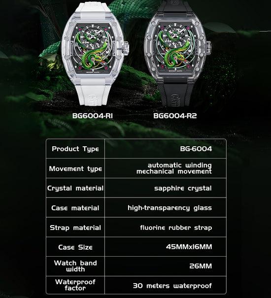 BONEST GATTI Transparent Tonneau Case 3D Snake Dial Skeleton Movement Fluororubber Strap Watch Luminous BG6004 TIMEMASTER