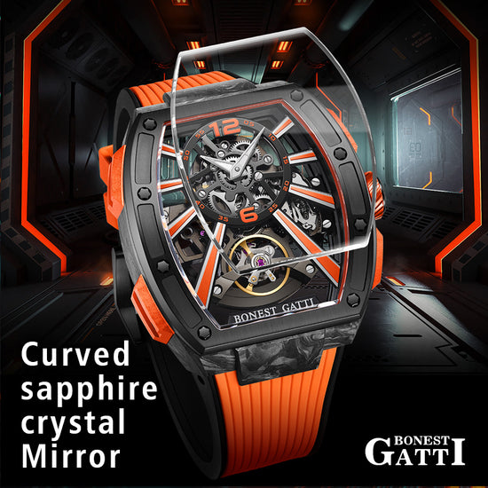 BONEST GATTI Carbon fiber+fine Steel Case Barrel shaped sapphire crystal watch Skeleton Movement Watch BG9950 TIMEMASTER
