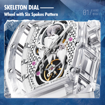 BONEST GATTI Crystal Case 3D Polar Bear Tonneau shaped Skeleton Movement K9 Crystal Case Fluororubber Strap Watch Luminous GB6002 TIMEMASTER