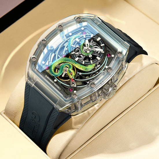 BONEST GATTI Transparent Tonneau Case 3D Snake Dial Skeleton Movement Fluororubber Strap Watch Luminous BG6004 TIMEMASTER