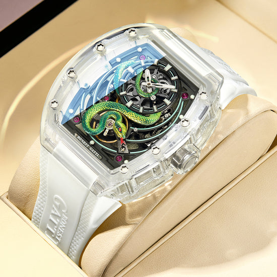 BONEST GATTI Transparent Tonneau Case 3D Snake Dial Skeleton Movement Fluororubber Strap Watch Luminous BG6004 TIMEMASTER