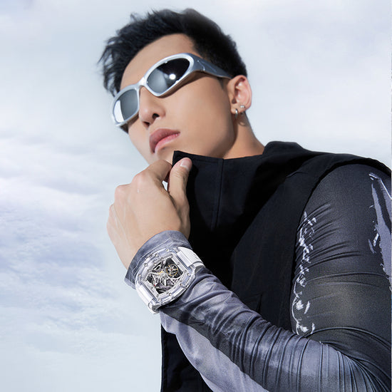 BONEST GATTI Crystal Case 3D MOUNTAIN MOUNTEVEREST Tonneau shaped Skeleton Movement K9 Crystal Case Fluororubber Strap Watch Luminous GB6001 TIMEMASTER