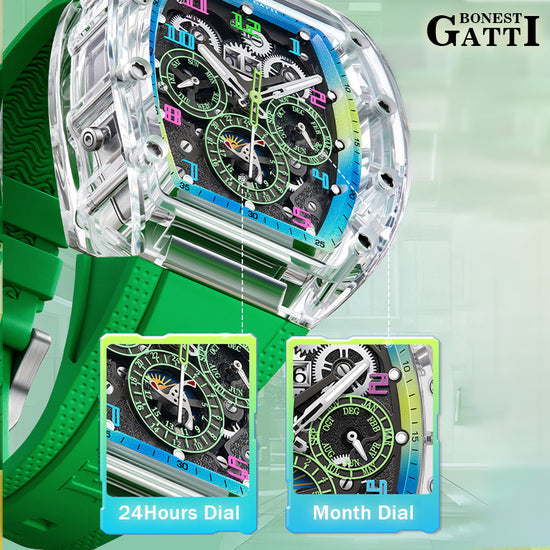 BONEST GATTI Barrel shaped Skeleton Movement K9 Crystal Case Fluororubber Strap Watch Luminous BG9920 TIMEMASTER