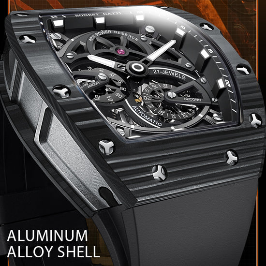 BONEST GATTI Carbon fiber + Aluminum alloy Case Barrel shaped Tonneau watch Skeleton Movement Sapphire Crystal Quick- Release Strap Watch BG9004 TIMEMASTER