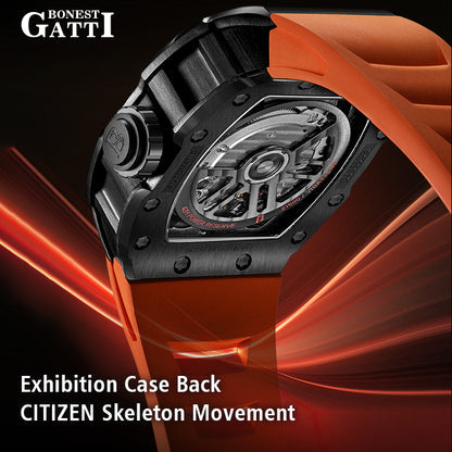 BONEST GATTI CITIZEN Skeleton Automatic Mechanical Movement Sapphire Barrel shaped Case Luminous BG9901-A TIMEMASTER