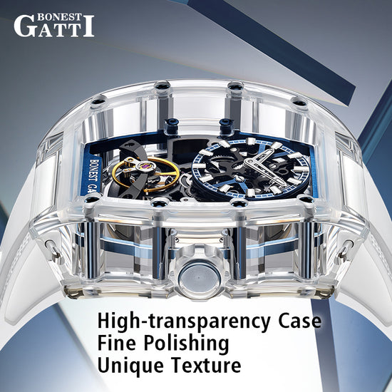 BONEST GATTI Barrel shaped K9 Crystal case Skeleton Movement Fluororubber Strap Watch Luminous BG9960 TIMEMASTER
