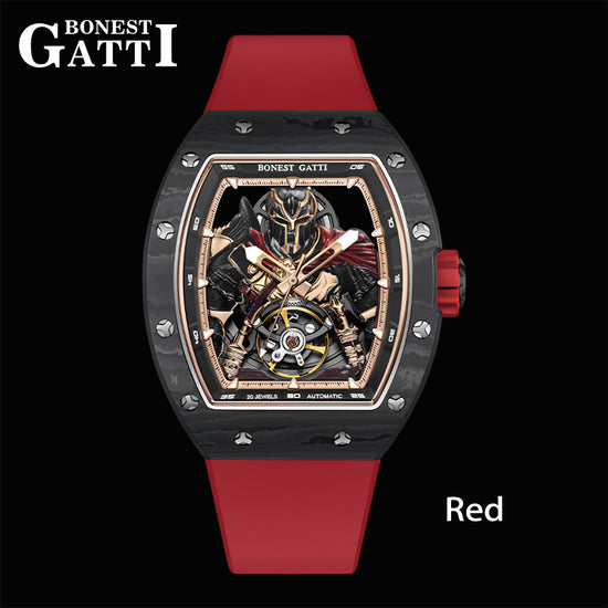 BONEST GATTI Automatic Tonneau Watch Spartan Warrior Series Carbon Fiber Skeleton Self Wind Movement Sapphire Crystal Luminous Watch BG9009 TIMEMASTER
