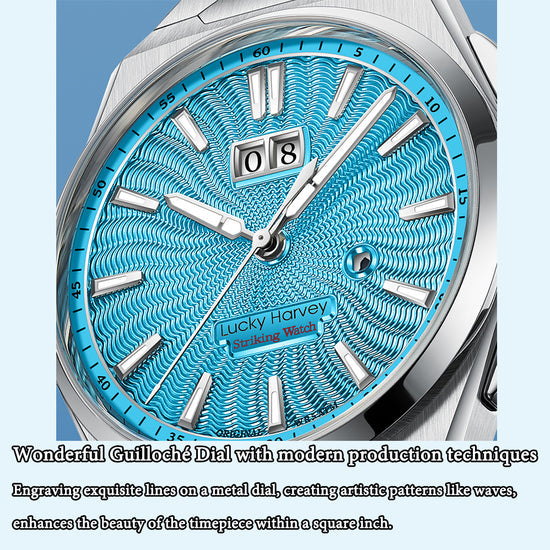 【Limited Edition 300PCS】Sound Of Nature Guilloché Ice Blue Dial Big Date Chiming Automatic Watch Lucky Harvey TIMEMASTER