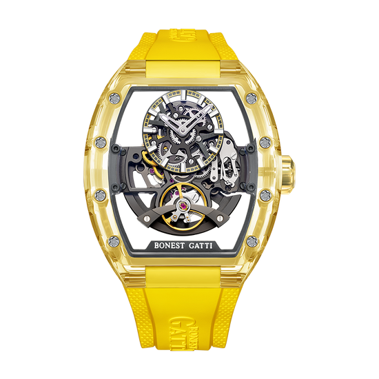 BONEST GATTI Barrel shaped K9 Crystal case Skeleton Movement Fluororubber Strap Watch Luminous BG9960 TIMEMASTER