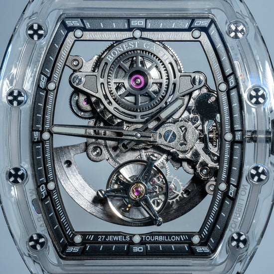 BONEST GATTI Tourbillon K9 Crystal Transparent Case Tonneau watch Skeleton Movement Watch Fluororubber Strap BG7001 TIMEMASTER
