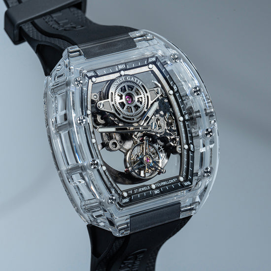 BONEST GATTI Tourbillon K9 Crystal Transparent Case Tonneau watch Skeleton Movement Watch Fluororubber Strap BG7001 TIMEMASTER