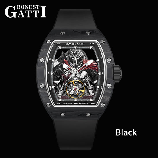 BONEST GATTI Automatic Tonneau Watch Spartan Warrior Series Carbon Fiber Skeleton Self Wind Movement Sapphire Crystal Luminous Watch BG9009 TIMEMASTER