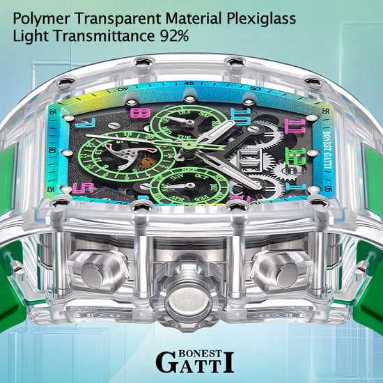 BONEST GATTI Barrel shaped Skeleton Movement K9 Crystal Case Fluororubber Strap Watch Luminous BG9920 TIMEMASTER