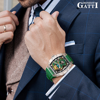 BONEST GATTI Crystal Case Dragon Barrel shaped Skeleton Movement K9 Crystal Case Fluororubber Strap Watch Luminous GB9980 TIMEMASTER