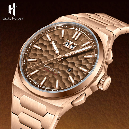 【Limited Edition 300pcs】Hammer Dial Big Date Automatic Winding Gold Brown Chiming Watch Lucky Harvey TIMEMASTER