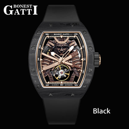 BONEST GATTI Automatic Tonneau Watch Phantom Black Warrior Dial Carbon Fiber Skeleton Self Wind Movement Sapphire Crystal Luminous Watch BG9008 TIMEMASTER