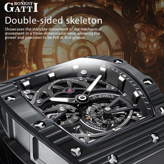 BONEST GATTI Carbon fiber + Aluminum alloy Case Barrel shaped Tonneau watch Skeleton Movement Sapphire Crystal Quick- Release Strap Watch BG9004 TIMEMASTER