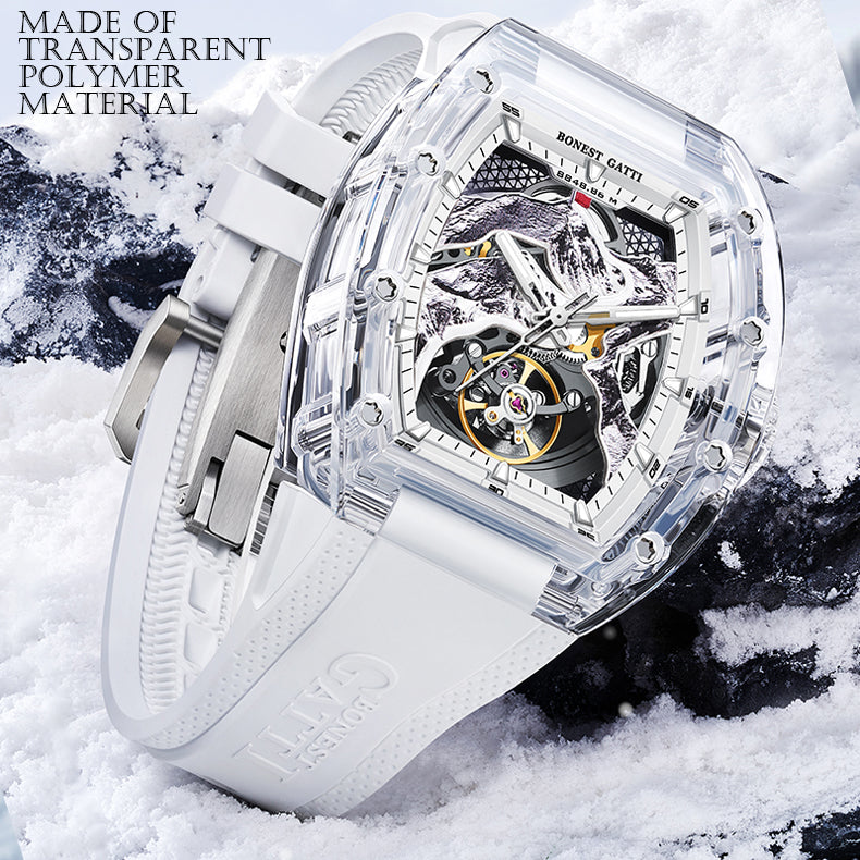 BONEST GATTI Crystal Case 3D MOUNTAIN MOUNTEVEREST Tonneau shaped Skeleton Movement K9 Crystal Case Fluororubber Strap Watch Luminous GB6001 TIMEMASTER