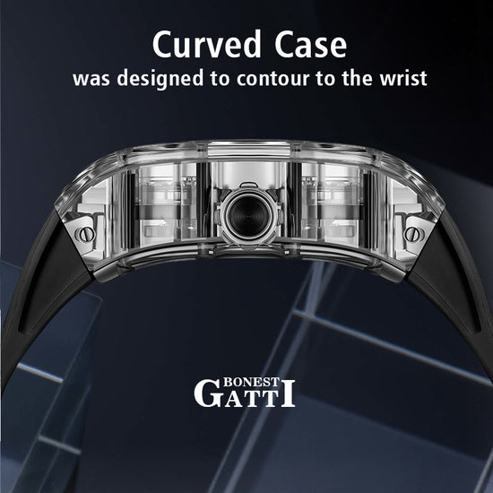 BONEST GATTI Barrel shaped K9 Crystal case Skeleton Movement Fluororubber Strap Watch Luminous BG9960 TIMEMASTER