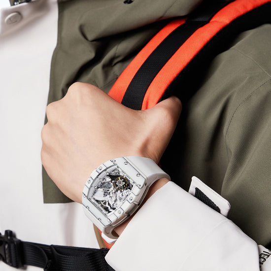 BONEST GATTI Carbon fiber + Aluminum alloy Case Barrel shaped road of climb 3D Mountain climber pattern Skeleton Movement Sapphire Crystal Watch BG9002 TIMEMASTER
