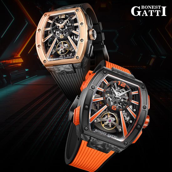 BONEST GATTI Carbon fiber+fine Steel Case Barrel shaped sapphire crystal watch Skeleton Movement Watch BG9950 TIMEMASTER