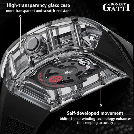 BONEST GATTI Transparent Case Dragon Barrel shaped Skeleton Movement Synthetic Sapphire Fluororubber Strap Watch Luminous GB9980 TIMEMASTER