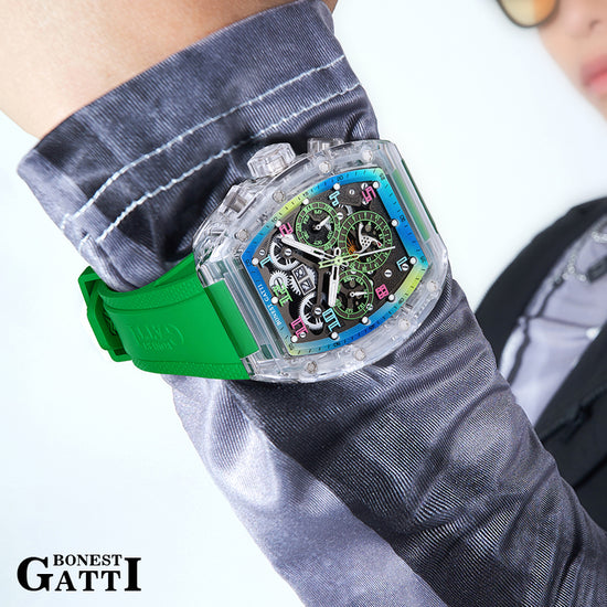 BONEST GATTI Barrel shaped Skeleton Movement K9 Crystal Case Fluororubber Strap Watch Luminous BG9920 TIMEMASTER