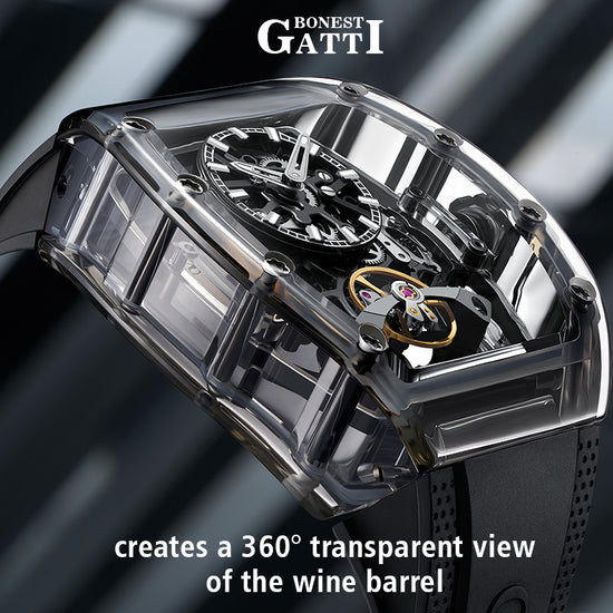 BONEST GATTI Barrel shaped K9 Crystal case Skeleton Movement Fluororubber Strap Watch Luminous BG9960 TIMEMASTER
