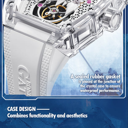 BONEST GATTI Crystal Case 3D Polar Bear Tonneau shaped Skeleton Movement K9 Crystal Case Fluororubber Strap Watch Luminous GB6002 TIMEMASTER