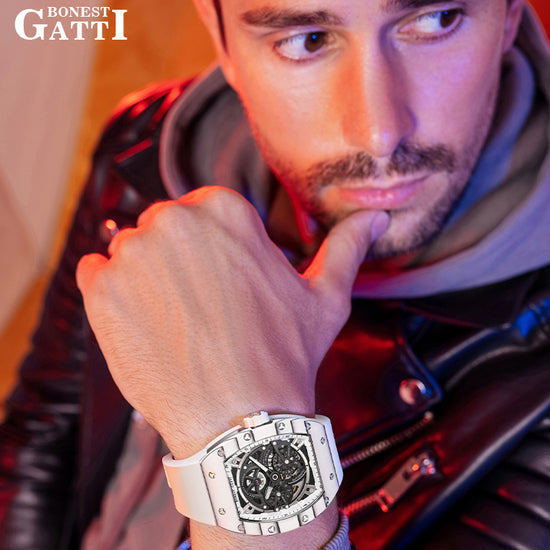 BONEST GATTI Carbon fiber + Aluminum alloy Case Barrel shaped Tonneau watch Skeleton Movement Sapphire Crystal Quick- Release Strap Watch BG9004 TIMEMASTER
