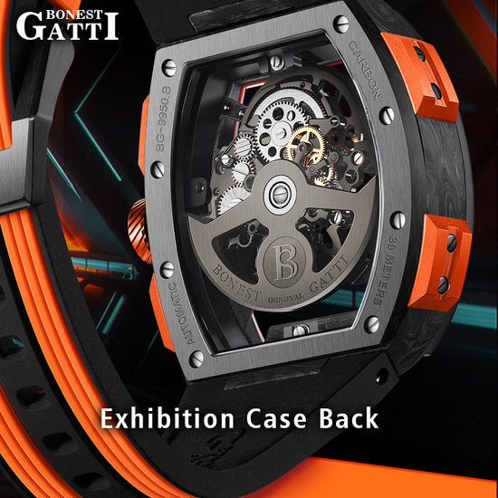 BONEST GATTI Carbon fiber+fine Steel Case Barrel shaped sapphire crystal watch Skeleton Movement Watch BG9950 TIMEMASTER