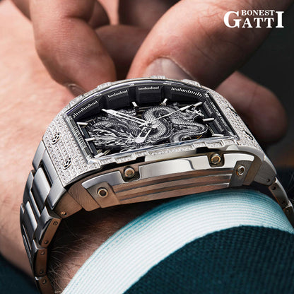 BONEST GATTI Barrel Dragon 185 Zircon Stones Bezel Stainless Steel Bracelet Men's Automatic Mechanical Watch Luminous BG5605L TIMEMASTER